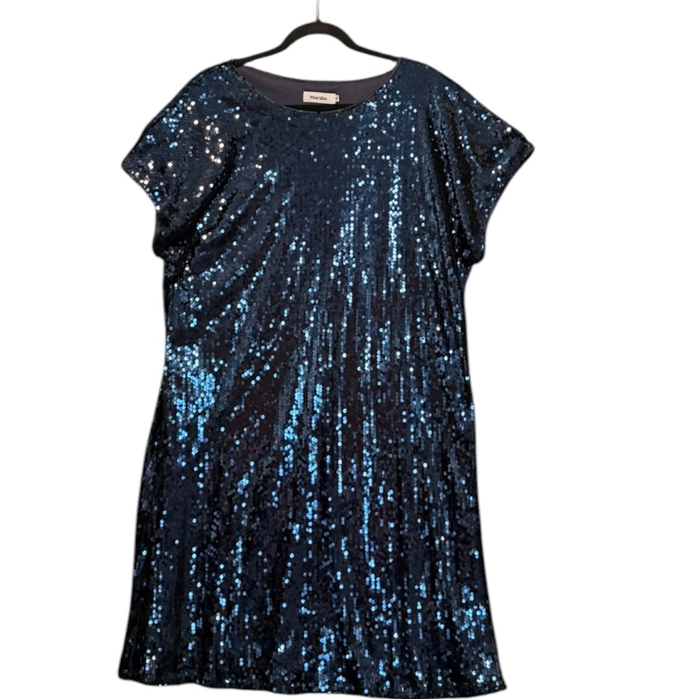 Femi Semi Womens Navy Blue Sequin Shift Dress Short Sleeve Cocktail Party XL‎